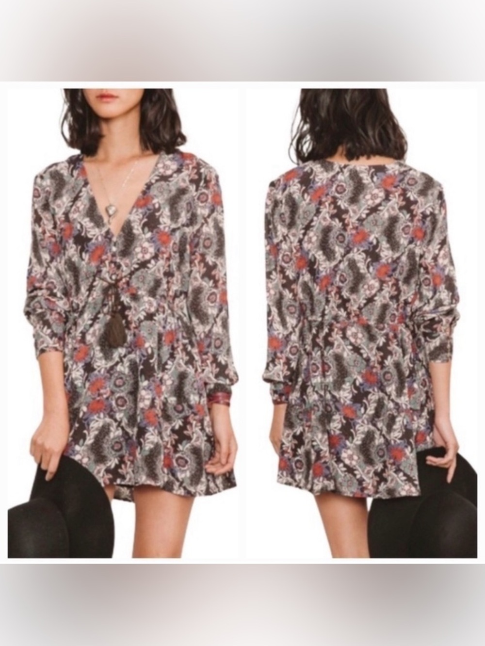 Free people fire Henley long sleeve floral boho mini dress size small